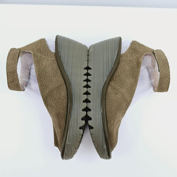 Fly London Yala Sandals 36 5.5 Perforated Suede Wedge Olive Green Taupe Peep Toe - Picture 9 of 13